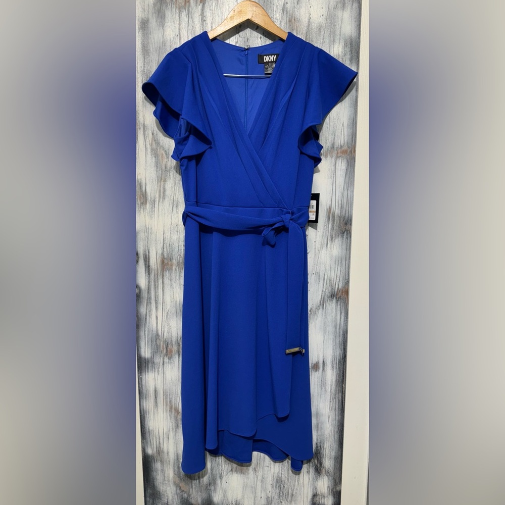 DKNY V-Neck Flutter-Sleeve Side-Tie Midi Dress